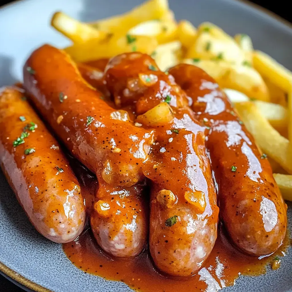 Juicy sausages slathered in deep red sauce with a side of crunchy fries.