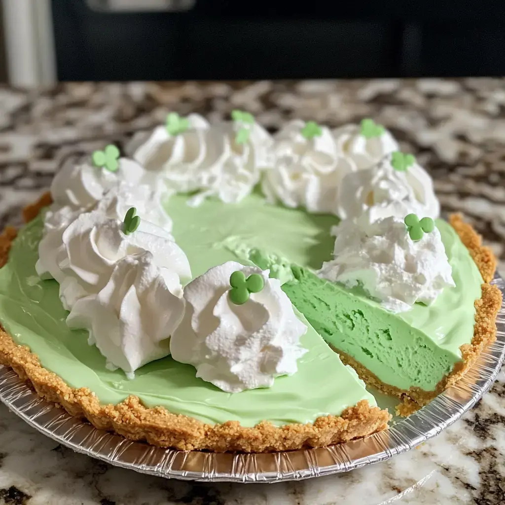 A bright green pie with whipped cream and clover shapes, partly sliced and sitting on a marble counter.