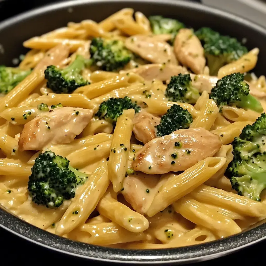 Creamy penne pasta with bites of chicken and broccoli seen up close in a rich sauce.