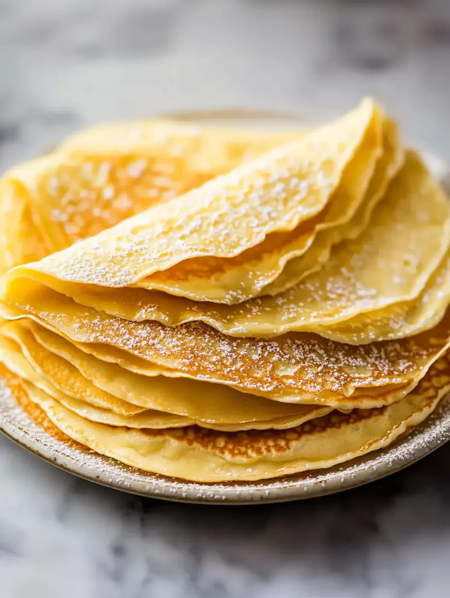 A stack of delicate thin pancakes covered with a light dusting of sugar powder.