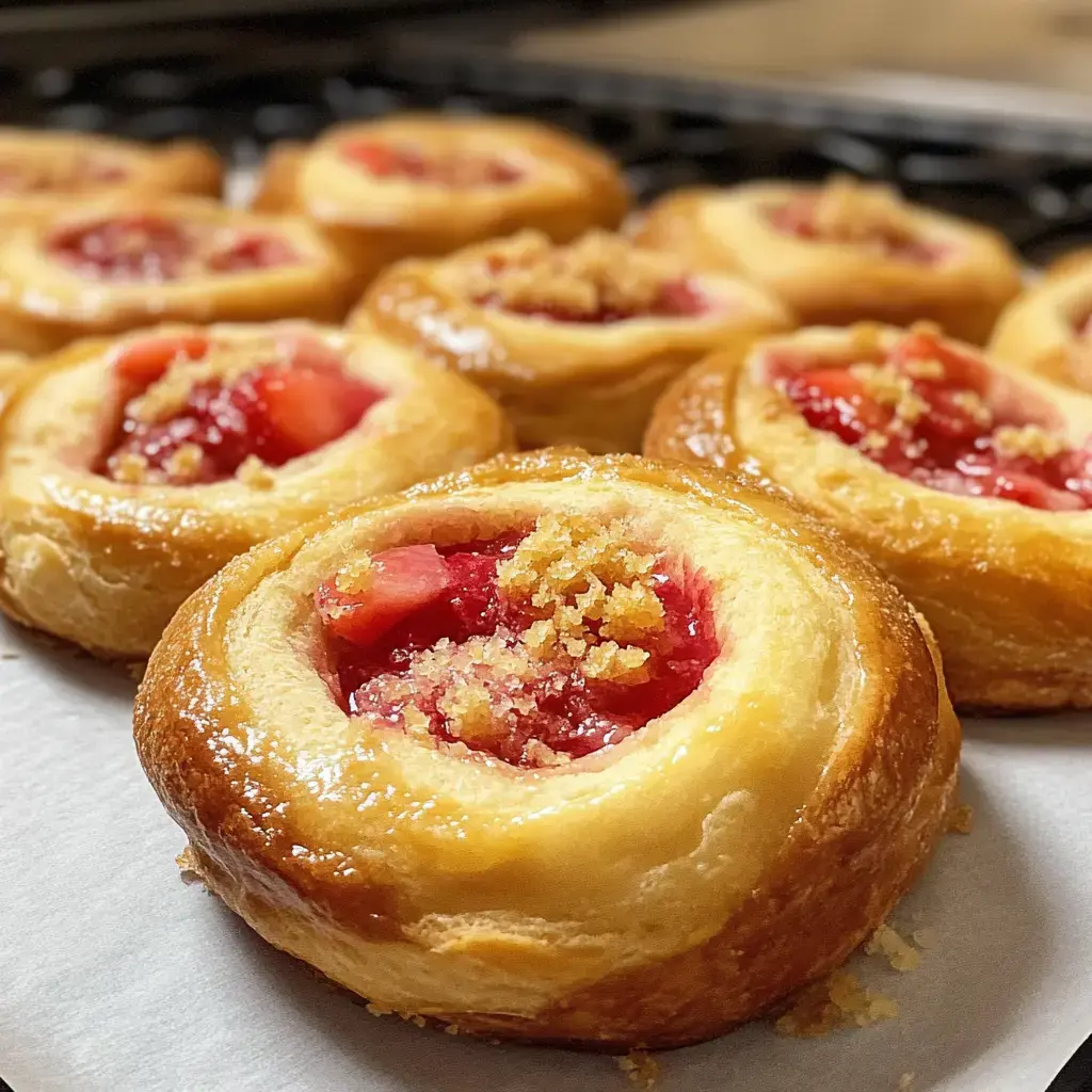 Up close, you can see rows of golden buns packed with red fruit and covered with sweet crumble.