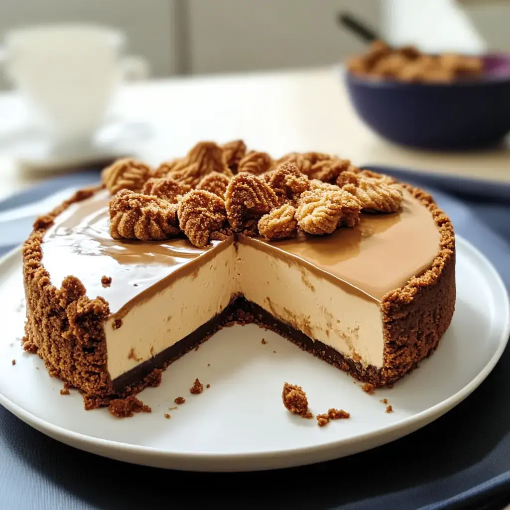 Cheesecake that's smooth and creamy with a chocolatey layer and a crumbly cookie base, plus fun cookie shapes on top. It's being served up on a plate.