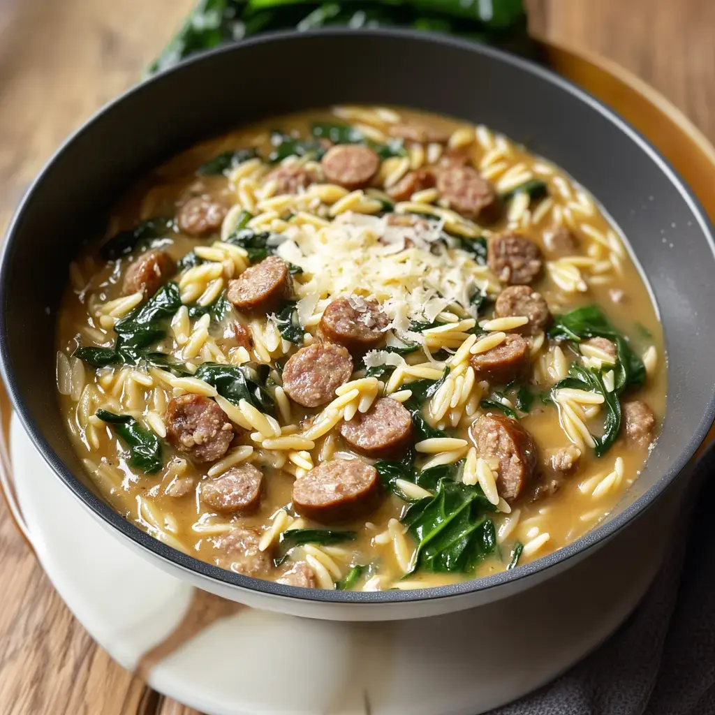 A hot soup with sausage, spinach, and orzo, topped with a shower of cheese in a bowl.