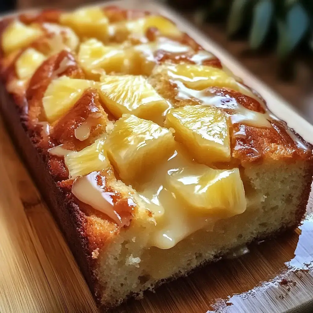 Juicy cake crowned with pineapple bits and shiny glaze sits sliced up on a wood board.