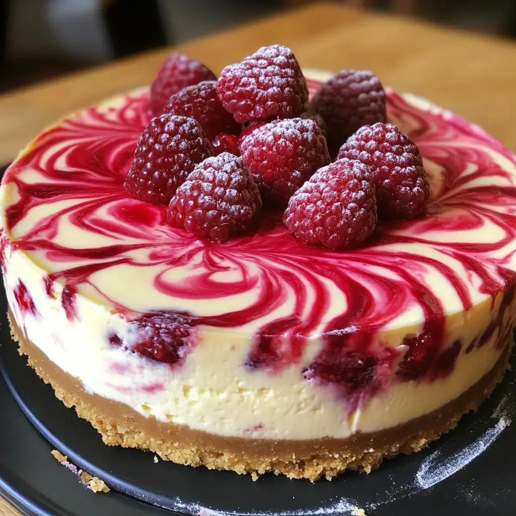 Dreamy cheesecake with plump raspberries and a bold swirl topping on a crunchy graham base.