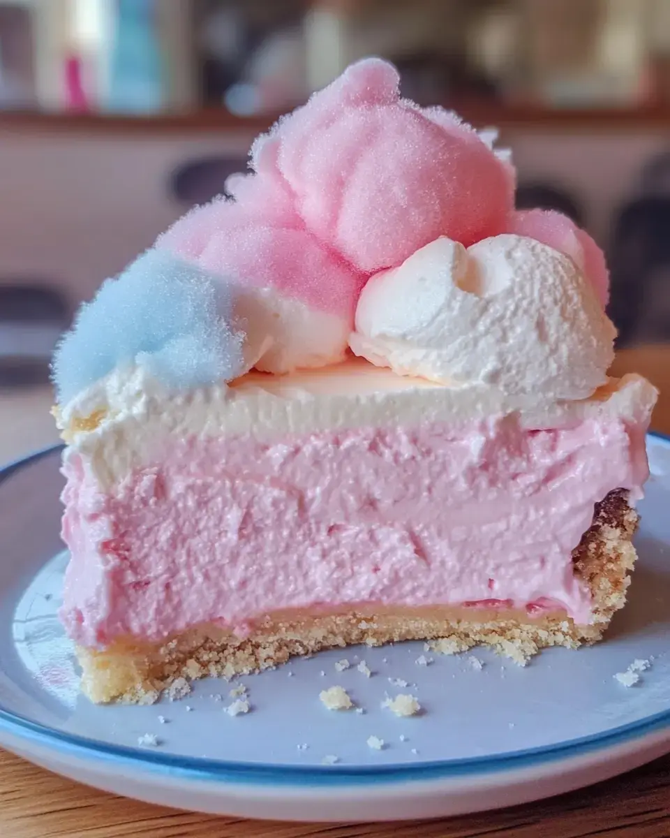 Pink and white cheesecake topped with fluffy cotton candy sits pretty on a dish.