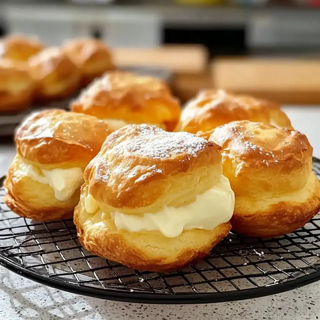 Freshly made cream puffs on a wire rack topped with powdered sugar. They're golden and creamy inside.