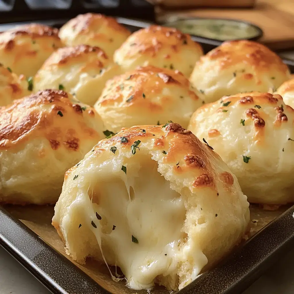A bunch of golden, cheesy biscuits on a tray with one split open and cheese stretching out.