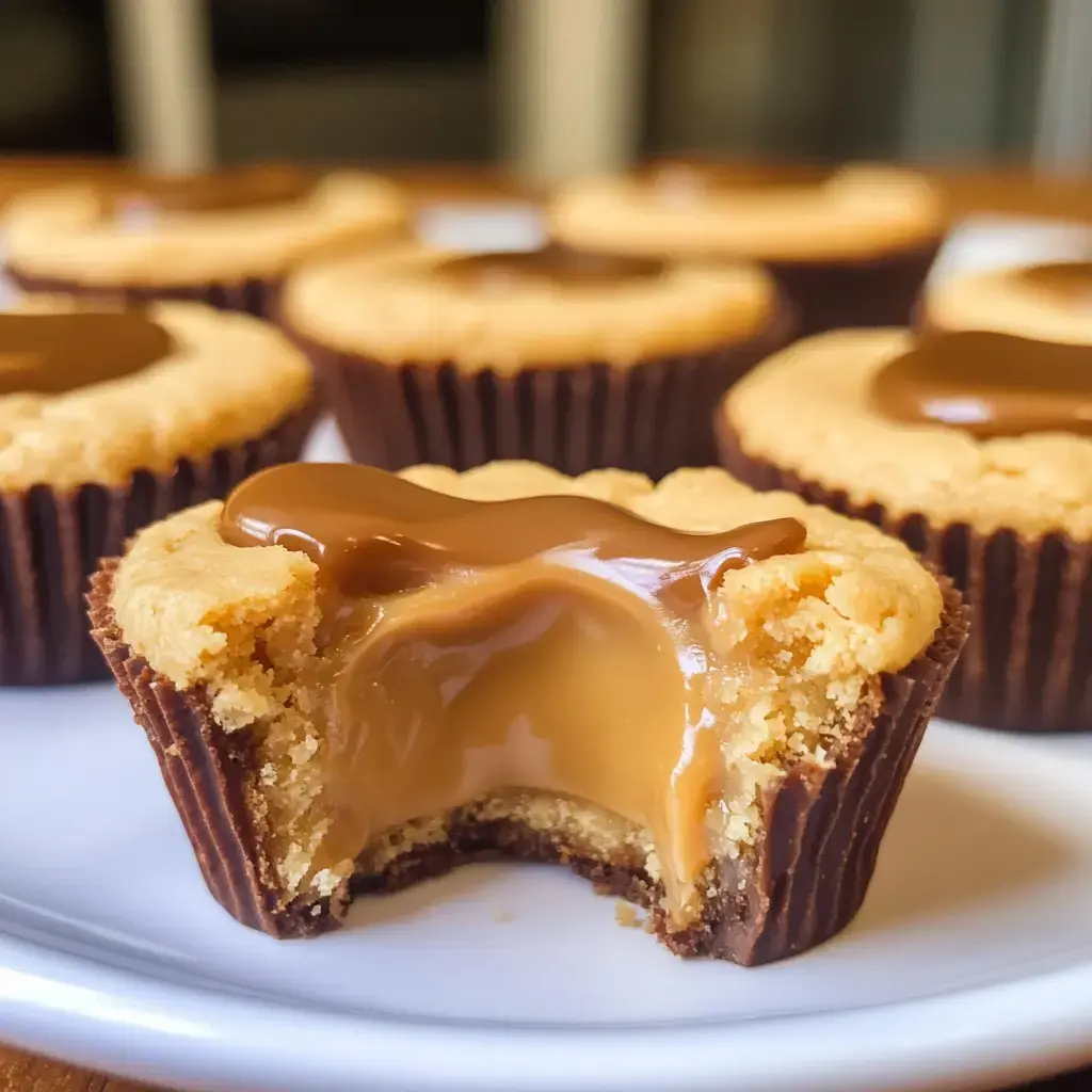 Close-up of a cookie cup filled with gooey caramel and chocolate drizzle, with more in the background.