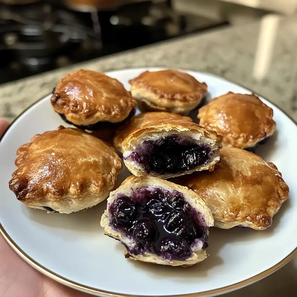 A dish of golden pastries with glossy blueberry filling inside, one split open showing the soft filling.