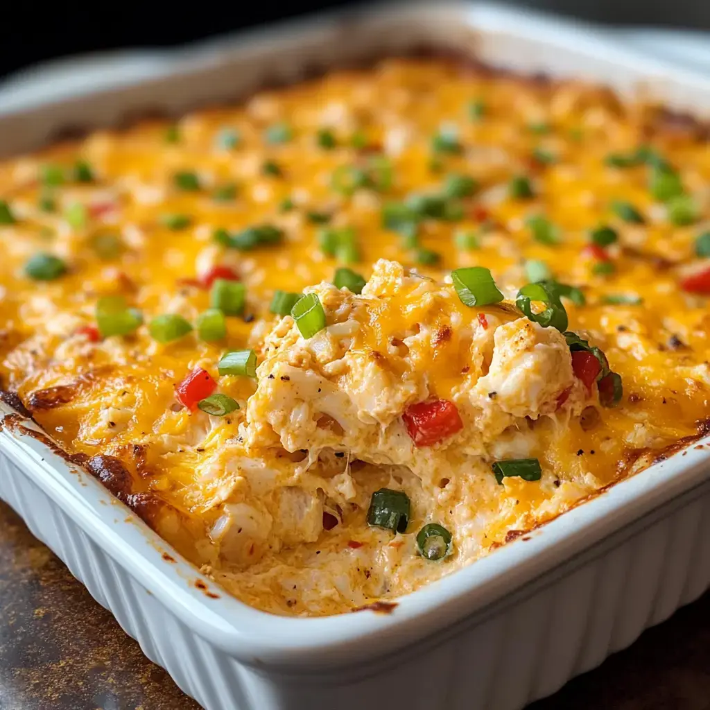 A rich, baked cheesy dip topped with chopped red bell peppers and sliced green onions.