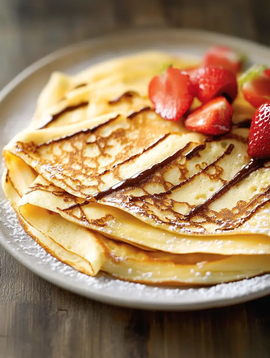 Thin golden pancakes stacked on a gray dish with bright red strawberries and a coating of white sugar dust.