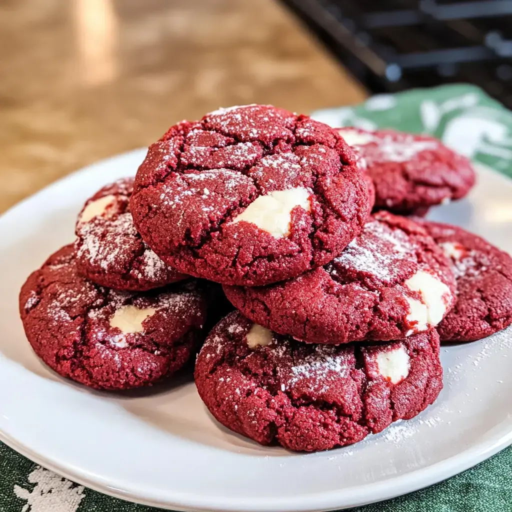 A platter stacked with red velvet cookies showing white chocolate bits and powdered sugar on top.