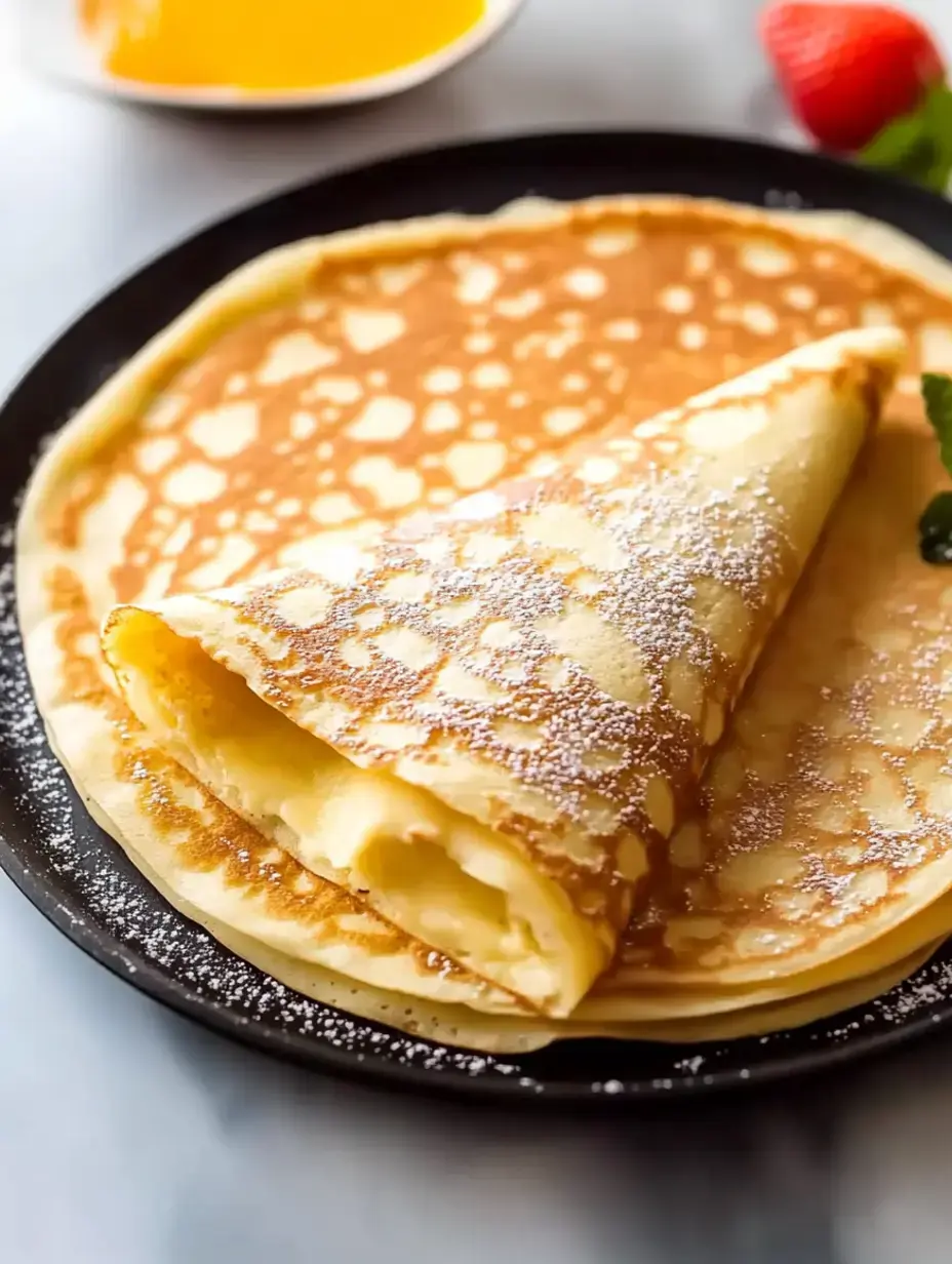 Folded thin pancakes dusted with fine sugar served alongside a small container of syrup and fresh red strawberries.