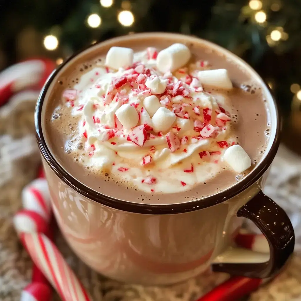 Up-close look at a hot chocolate mug loaded with marshmallows, whipped cream, and crushed peppermint, surrounded by candy canes.