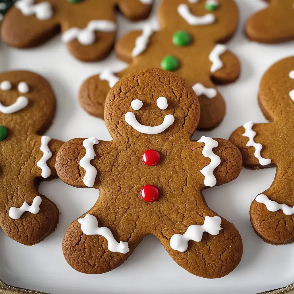 Gingerbread men cookies up close, decorated with white icing and sprinkled with red and green accents.