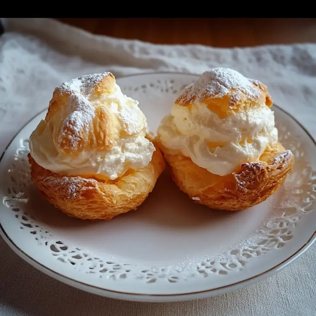 Two fluffy cream puffs packed with whipped cream and dusted with powdered sugar, sitting on a pretty plate.
