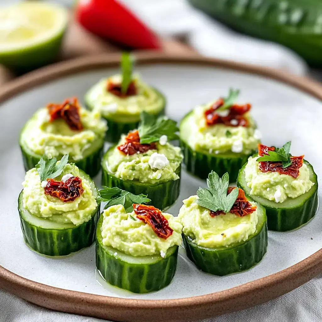 Cucumber rounds with fluffy green topping, sun-dried tomato, and parsley arranged on a white plate.