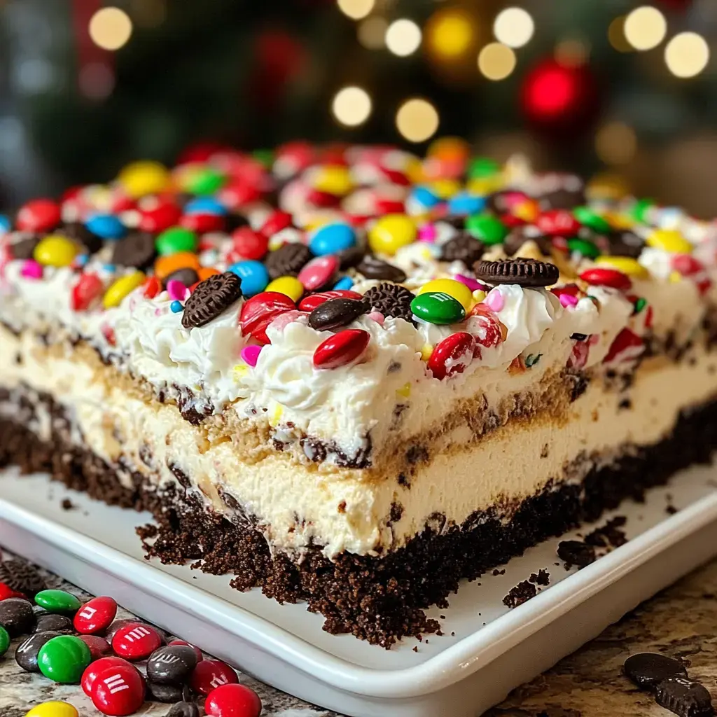 Layers of frozen cake with colorful candies and broken cookies sit on a white platter with a festive setup in the background.
