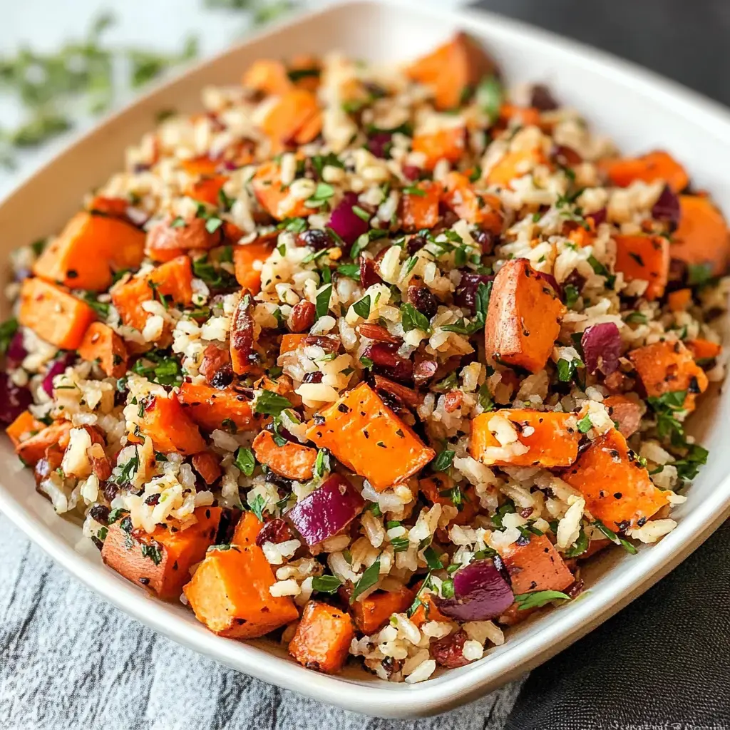 Hearty rice mix loaded with roasted sweet potato chunks, red onion, and sprigs of fresh herbs.