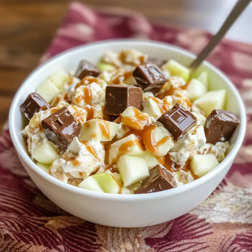 Chopped apples, chocolate bits, and caramel come together in a bowl for a sweet, creamy dessert.
