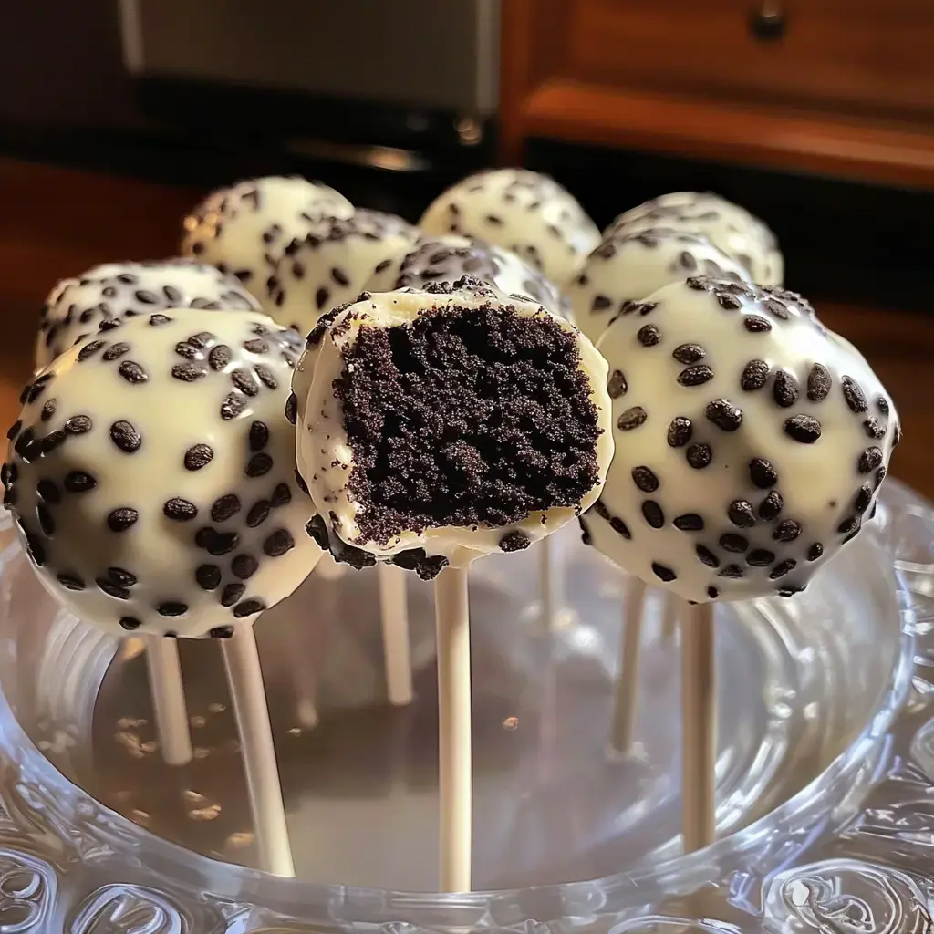 Cake pops covered in white chocolate with dark crumbs sprinkled on. One pop is sliced to reveal a gooey chocolate inside.