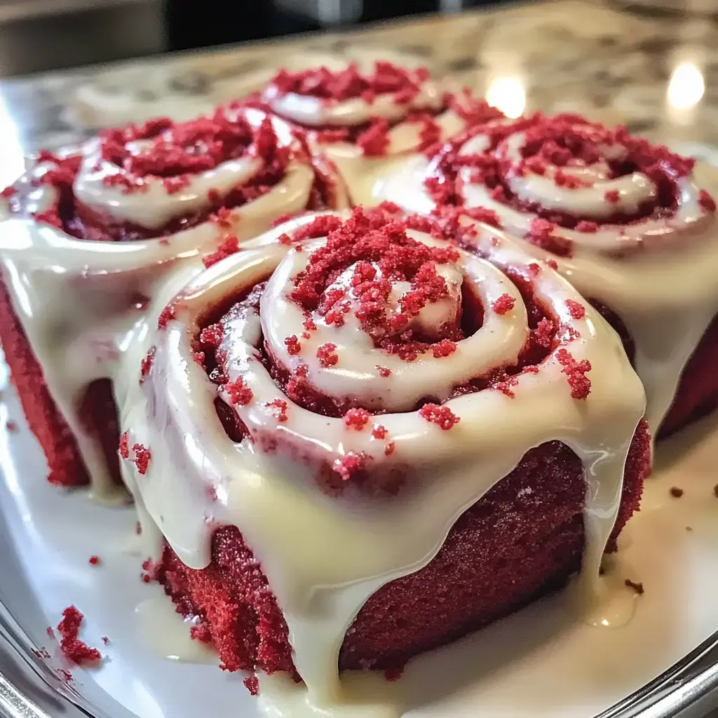 Soft red velvet cinnamon rolls topped with creamy white icing and red sprinkles on a plate.