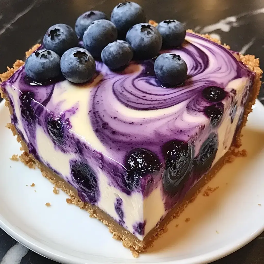 A piece of blueberry swirl cheesecake loaded with blueberries sits on a white plate.