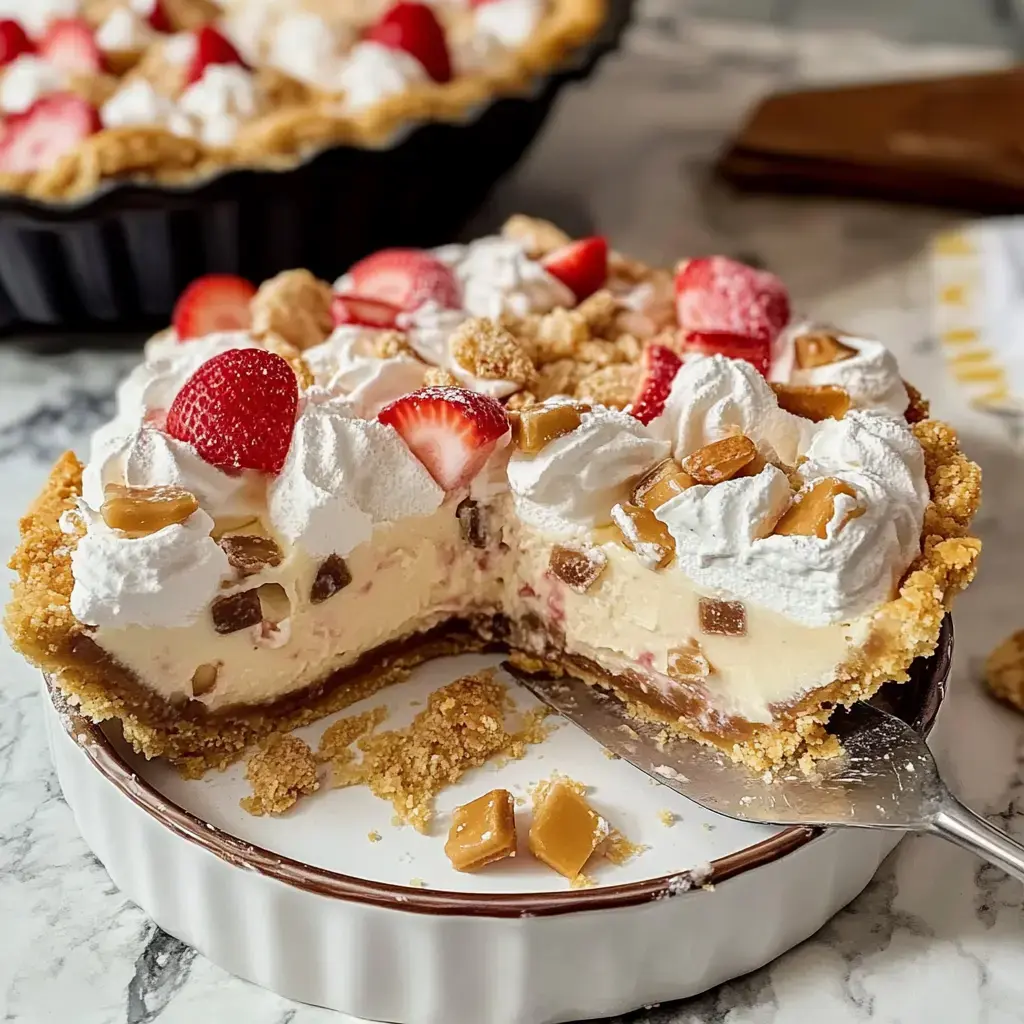 A creamy strawberry pie topped with swirls of whipped topping and caramel bits, sitting on a marble counter, one slice missing.