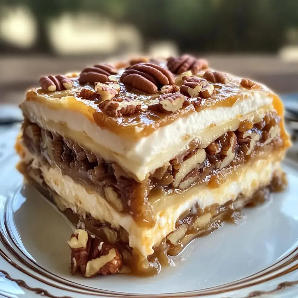 A tasty looking layered treat finished with pecans on top. The creamy layers blend with sweet caramel and crunchy nuts.