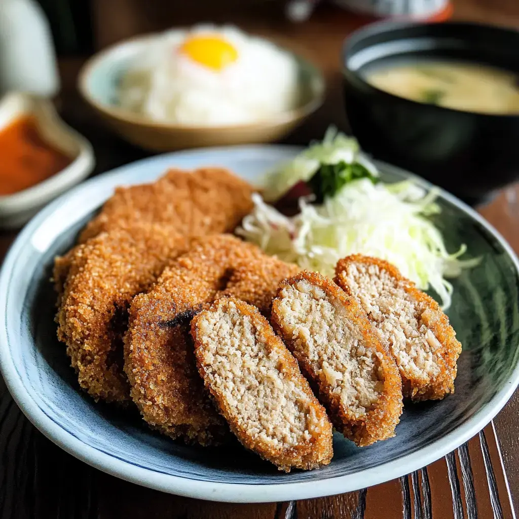 Crispy cutlets piled on a plate with shredded cabbage, a bowl of miso soup on the side, and some rice topped with an egg yolk.