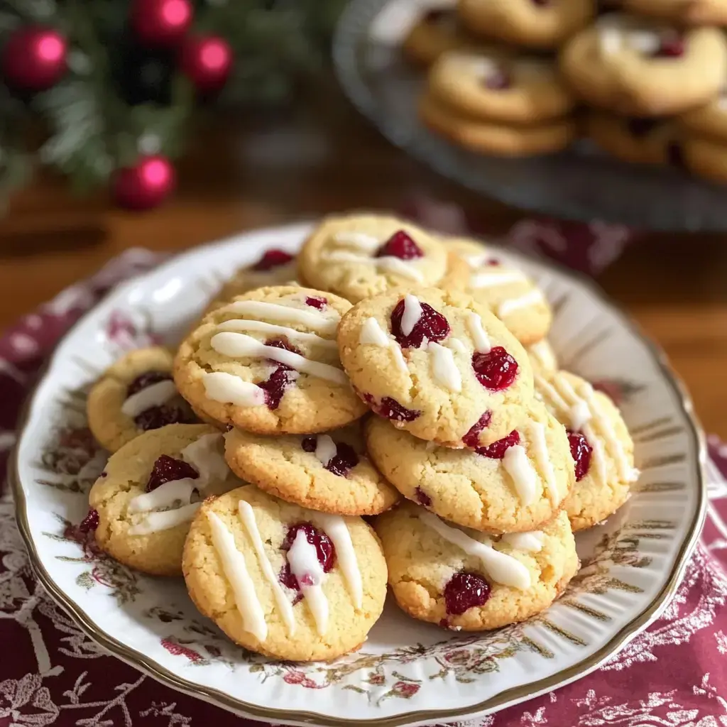 A platter of golden cookies studded with cranberries, dripping with bright icing, and set on a cheerful floral plate.