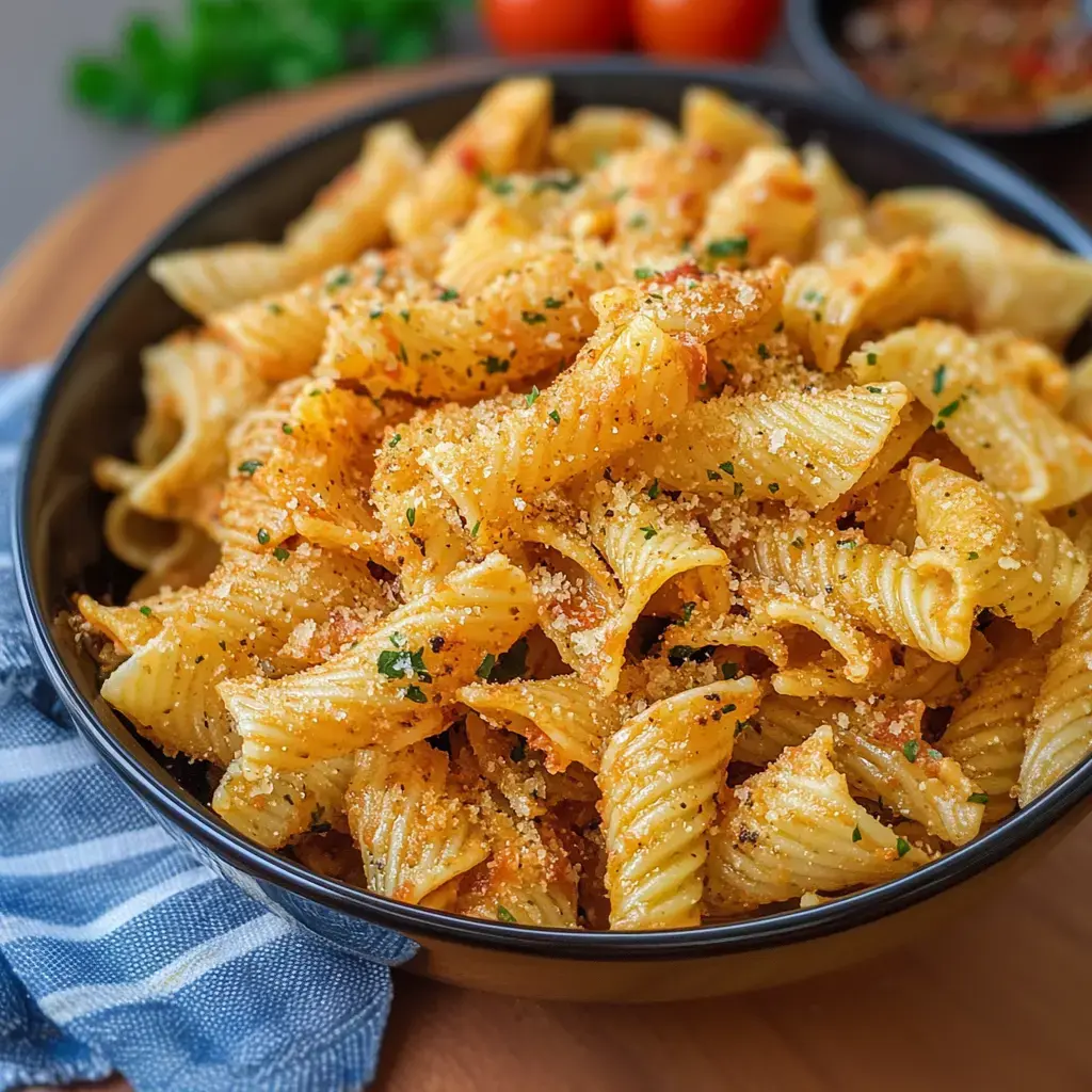 Zoomed-in shot of a bowl packed with cheesy, herbed pasta chips. There's a blue checkered napkin and ripe tomatoes hiding in the back.