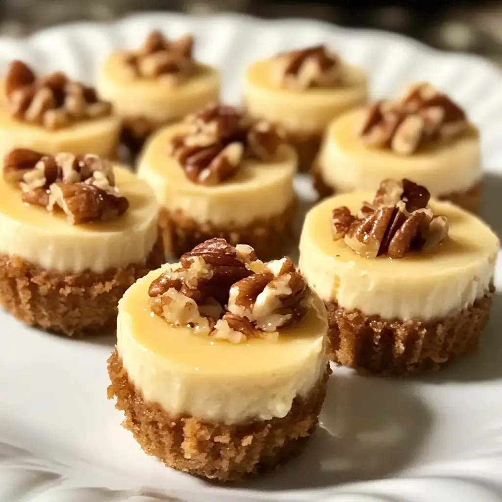 A plate piled with mini cheesecakes topped with shiny caramel and crunchy pecans on a golden crust.
