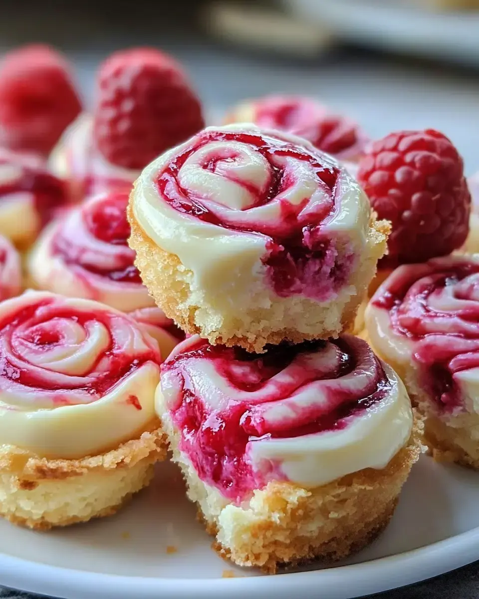 Mini treats topped with swirled white frosting, raspberry drizzle, and fresh berries, all piled on a plate.