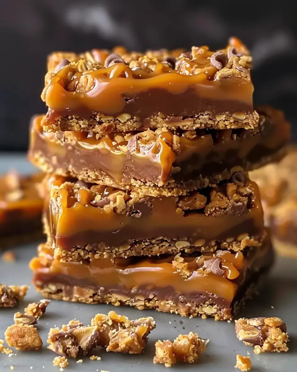 Stacked layered bars with caramel, chocolate, and sprinkled nuts, all shown on a dark surface.