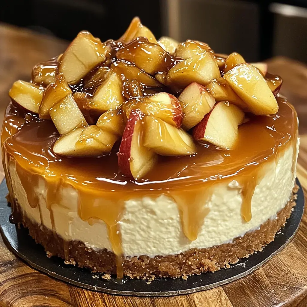 Sliced apples and gooey caramel topping make this cheesecake the star on a wooden board.