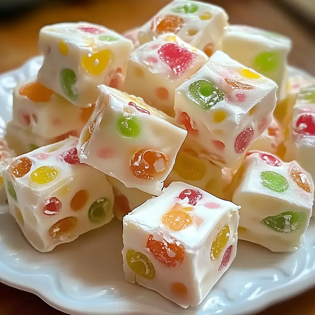 Bright, square candies with fruity pieces scattered inside on a plate.