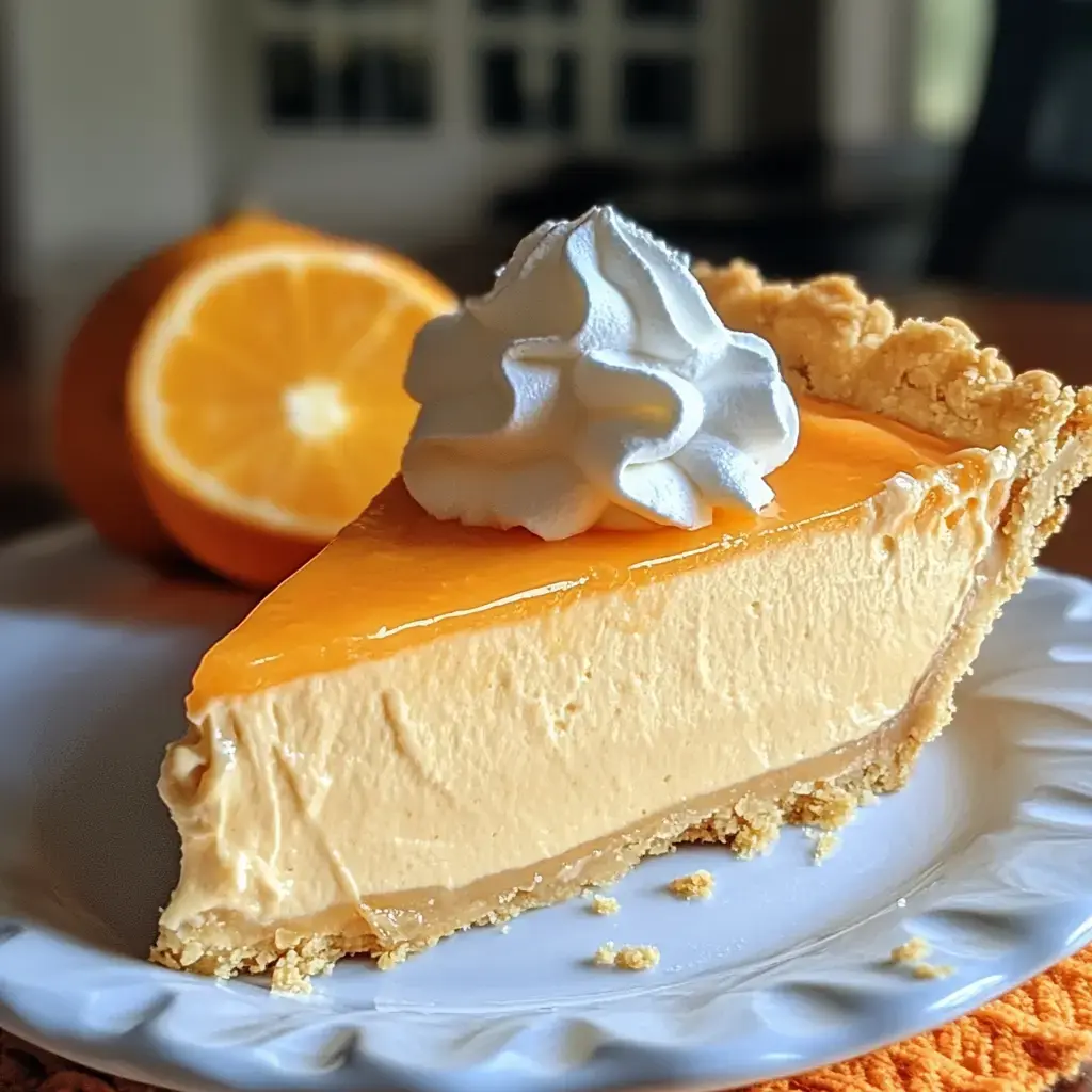 A creamy orange pie slice with a swirl of whipped cream on top, next to a halved orange in the background.