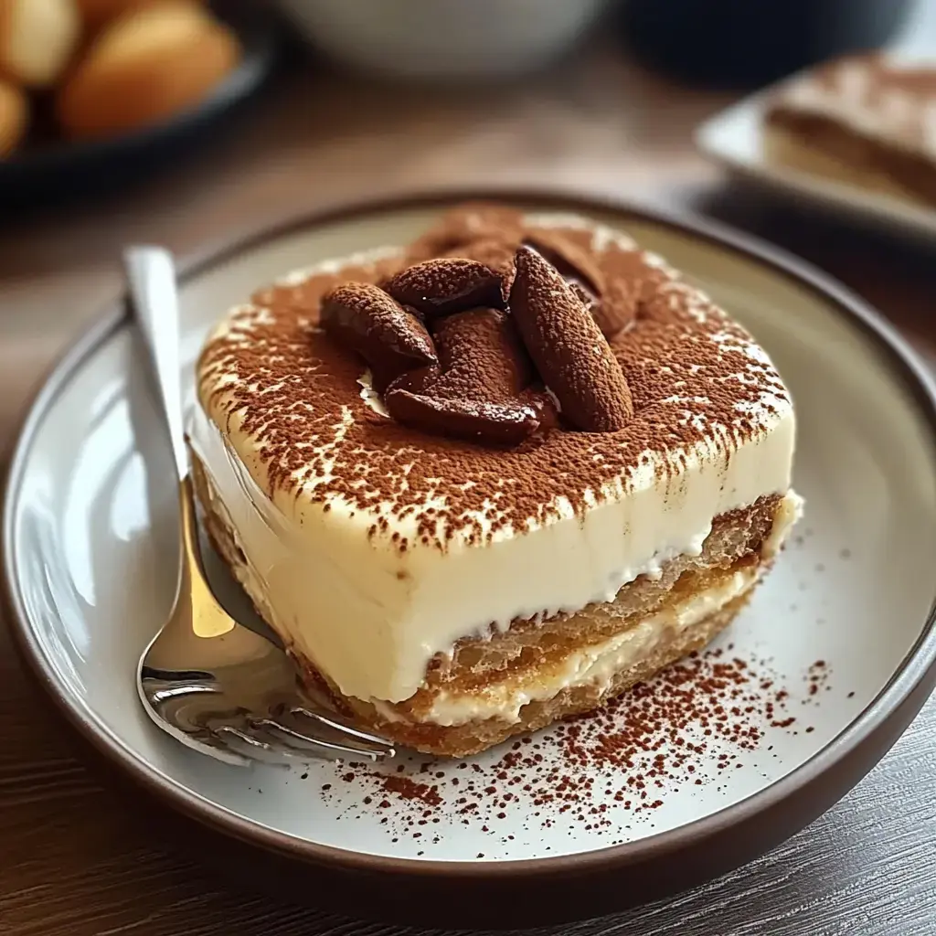 Tiramisu on a plate, topped with cocoa and chocolate, fork next to it.