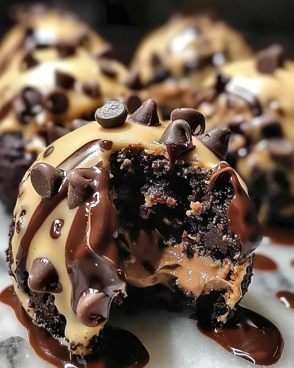 A chocolate dessert close-up showing a gooey filling, mini chips, and drippy peanut butter on top.
