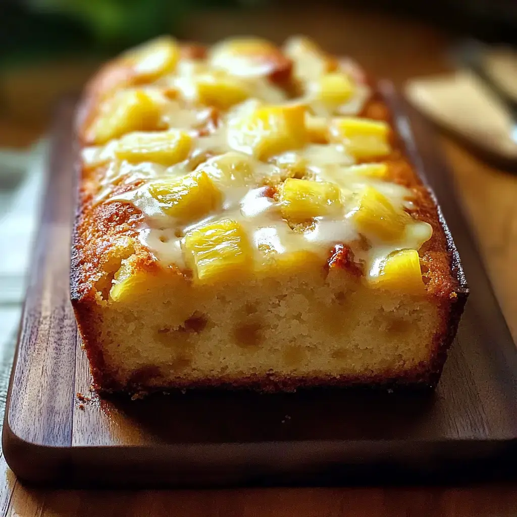 Moist pineapple loaf with chunks and shiny glaze sitting on a wooden board.