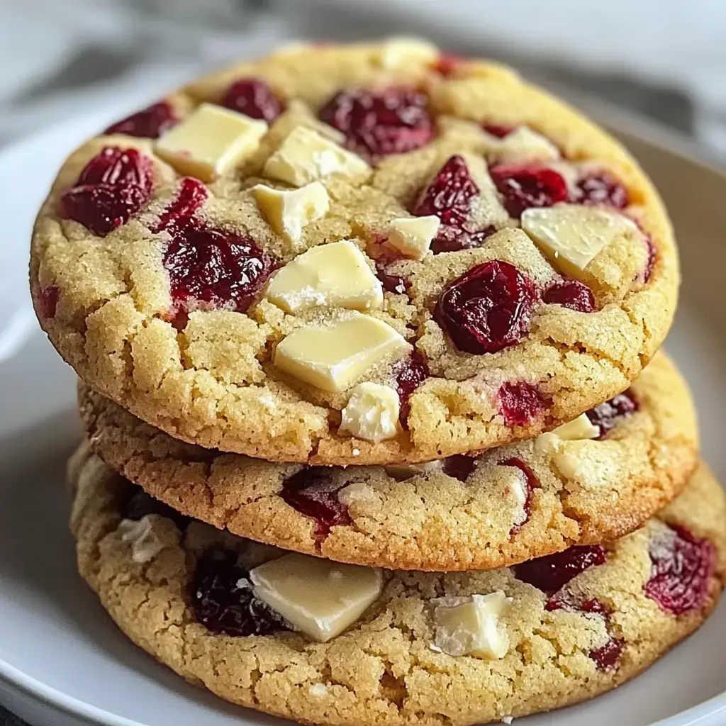 Three big cookies loaded with white chocolate bits and bright red cranberry pieces on a simple white plate.