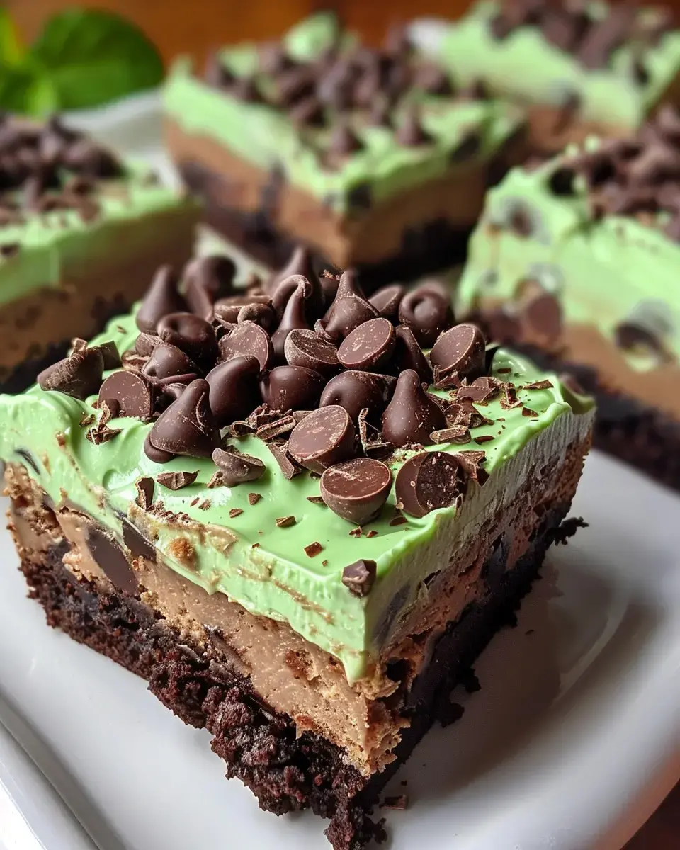 A super close-up of thick dessert bars with fudgy chocolate on the bottom, light green mint mousse in the middle, and loads of chocolate bits on top.