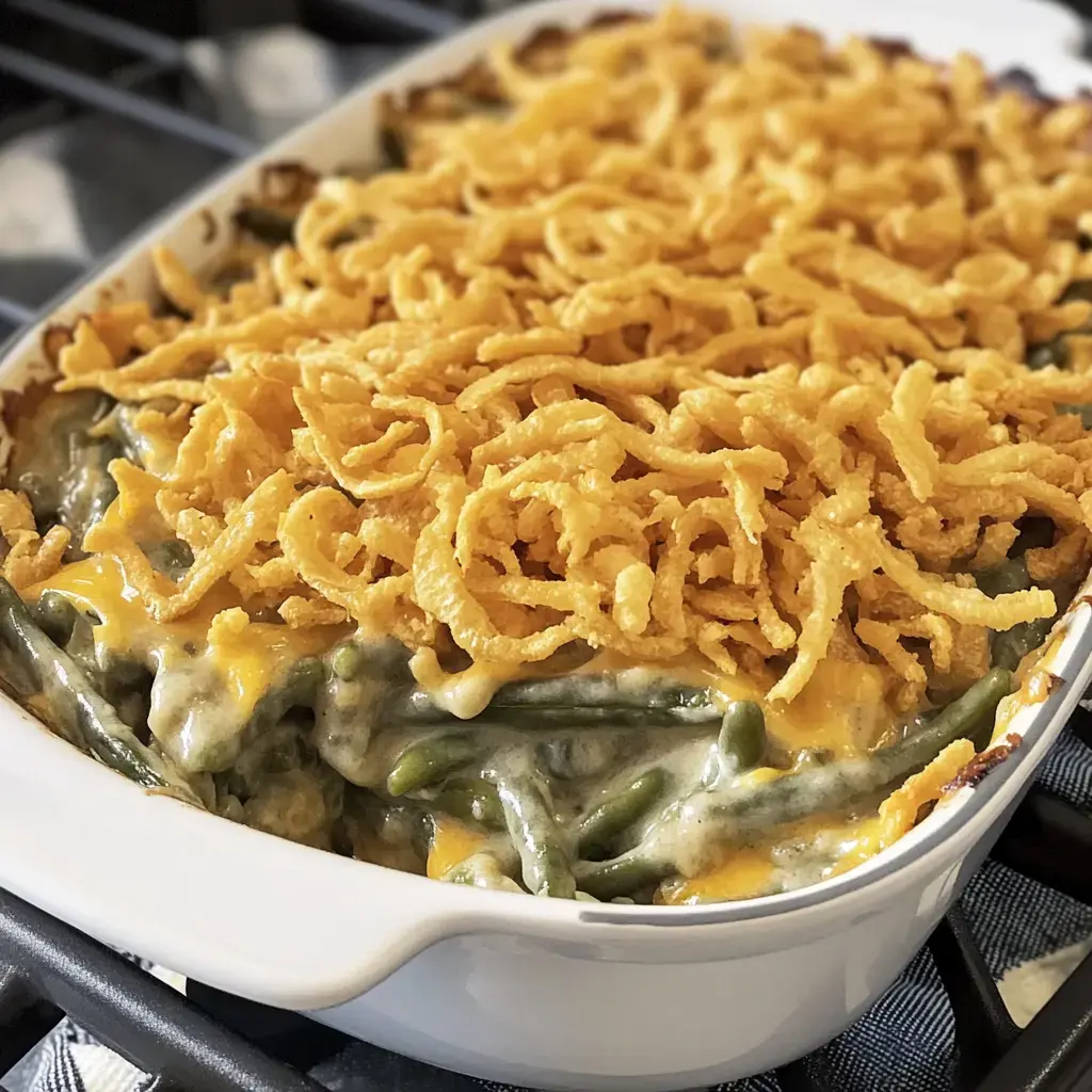A white baking dish filled with creamy green beans and lots of fried onions on top.