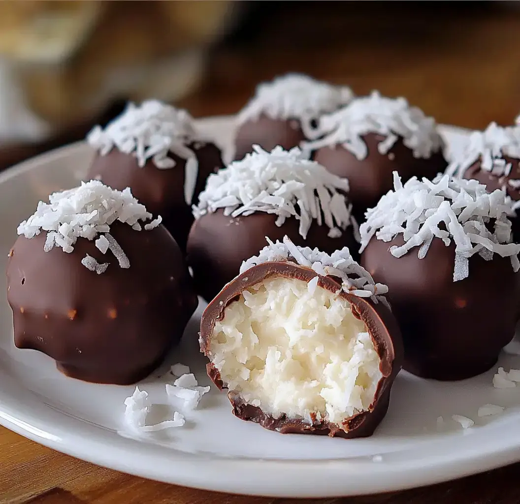 A chocolate-dipped treat, full of coconut and topped with more coconut, sits among a bunch of similar bites on a plate.