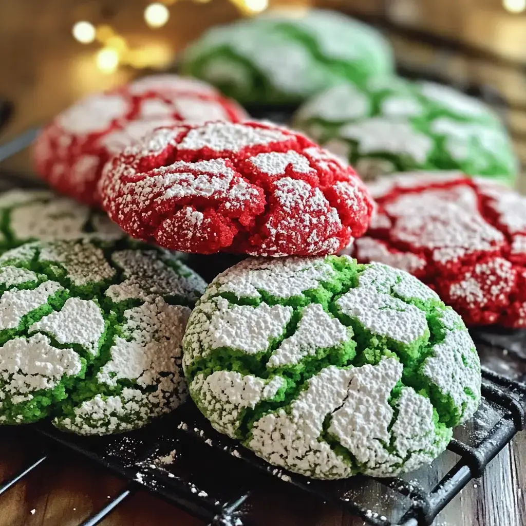 Close-up shot: bright, crackled cookies in festive red, green, and white, all dusted with sugar on a cooling rack.