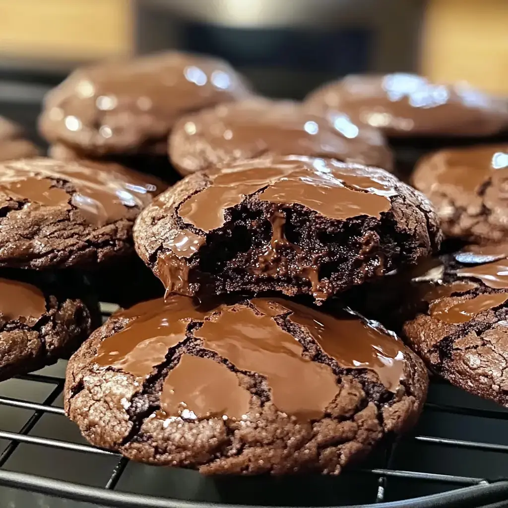 Chocolate cookies up close, some revealing a melted chocolate middle, set on a wire rack.
