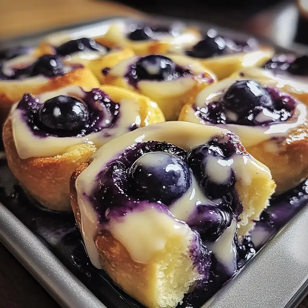 Fresh blueberry-filled rolls in close view, topped with smooth icing and shiny blueberry syrup.