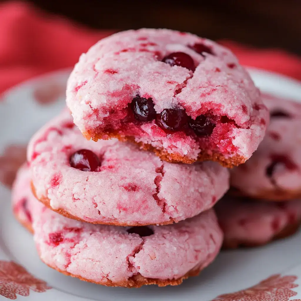 You’ll see a pile of pink cookies packed with cranberries, one has a bite taken out, all on a fancy plate.